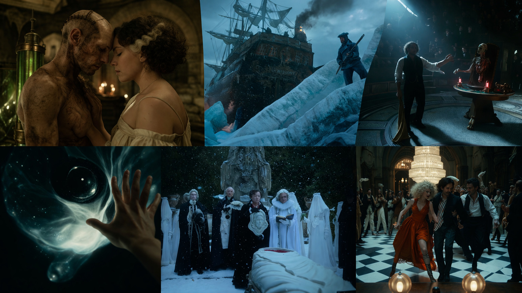 Frankenstein through fragments of creation, decay, and desire.